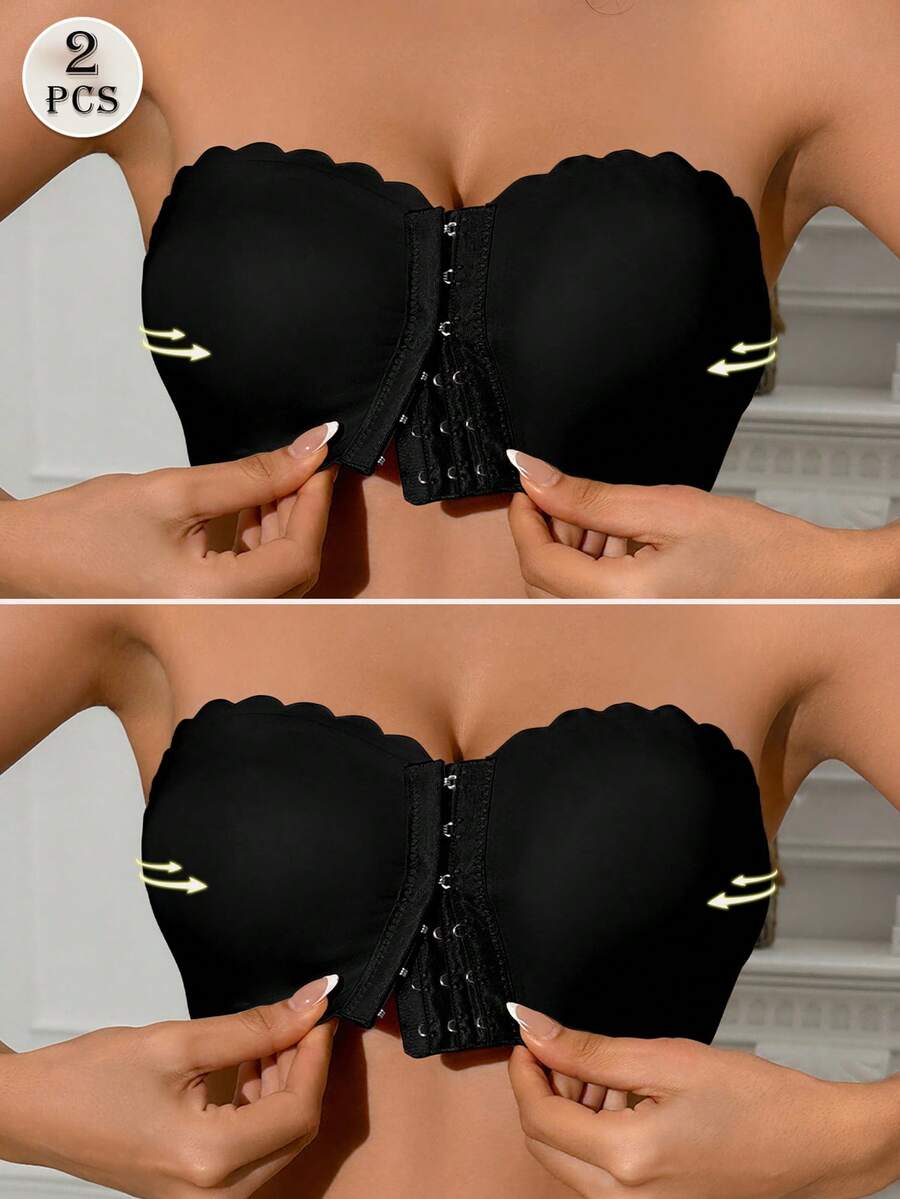 2pcs (Black + Black) Front Closure Bandeau Bra, Upgraded Non-Slip Silicone, Wireless Seamless Bra (A-C Cup) - Multicolor - View 1