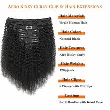 BINF 4C Afro Kinky Curly Clip-In Remy Human Hair Extensions, 8 Pieces, 120g, Natural Black, Unprocessed, Afro Curls, Clip-In Hair Pieces, Ideal For Halloween, Cosplay, Festivals, And Parties. - Natural Black - View 4