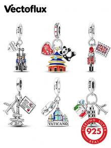 Vectoflux 1pc Vintage Travel Style S925 Sterling Silver Low-Allergy World Landmark Beijing, Leaning Tower Of Pisa, British Soldier, Postage Stamp, Vatican Pendant, Suitable For Original Bracelet, Women's DIY Jewelry Making, Birthday Gift - Multicolor - View 1