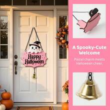 Cute Pink Halloween Wooden Door Hanger, Witch Hat Ghost Welcome Sign, Star Decor With Chain And Bell, Front Door Holiday Decoration - Multicolor - View 9