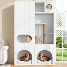 Cat Litter Box Cabinet, Pet Cabinet, Pet Storage Unit, Cat Tree, For 2 Litter Boxes, With Scratching Post And Resting Area, For Cats And Dogs, White, 140 X 45 X 195 Cm - one-size - View 2