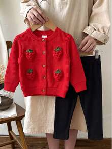 Korean Style Baby Girl Red Strawberry Knit Set, Textured Vertical Stripe Handmade Strawberry Cardigan, Solid Color Casual Pants, Gentle & Cute Infant Daily Outfit 2-Piece Set - Red - View 3