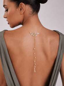 FAAABULS 1pc Elegant Rhinestone Leaf Shaped Back Chain, Y-Shaped Pearl Tassel Back Chain, Suitable For Women's Party, Evening Gala, Bridal Backless Dress Accessory - Rhinestone - View 1