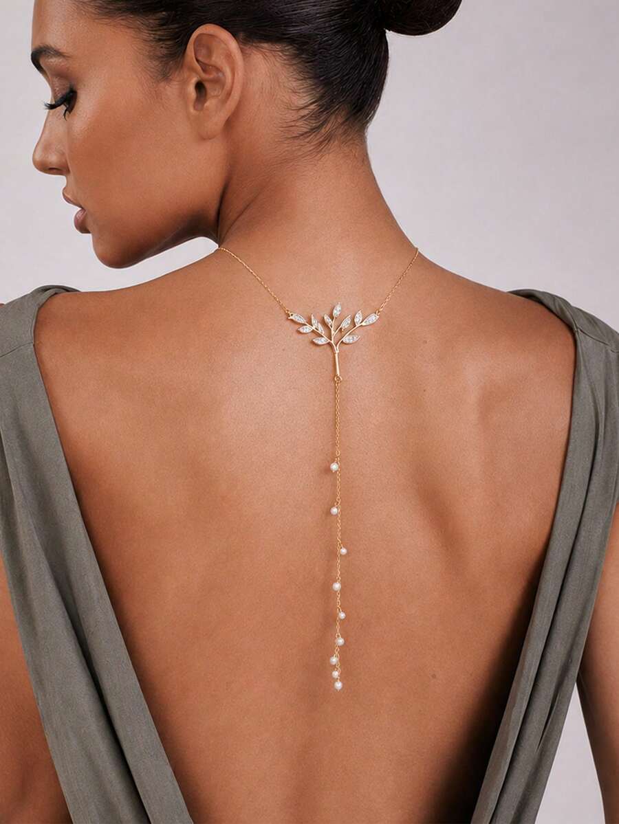 FAAABULS 1pc Elegant Rhinestone Leaf Shaped Back Chain, Y-Shaped Pearl Tassel Back Chain, Suitable For Women's Party, Evening Gala, Bridal Backless Dress Accessory - Rhinestone - View 1