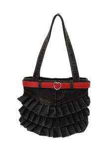 Nicekee Niche Design Multi-Layer Skirt Edge Pleated Shoulder Bag, Heart-Shaped Decorative Buckle, Casual Underarm Bag Suitable For Shopping Dating - Black - View 7
