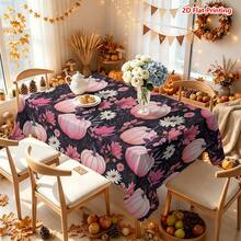 1/2pcs Autumn Tablecloth, Pink Pumpkin & Floral Pattern Polyester Fabric Tablecloth, Suitable For Dining Table, Kitchen, Coffee Table, Picnic, Camping, Country Farmhouse Decor, Autumn Thanksgiving Holiday Tabletop Protection & Beautification - Multicolor - View 6