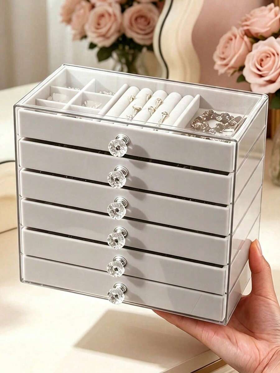 1pc 6-Layer Transparent Acrylic Jewelry Box, Large Capacity Jewelry Storage Box, Drawer-Style Jewelry Storage & Display Box, Suitable For Earrings, Rings, Bracelets, Necklaces, Bangles, Ideal For Home Jewelry Organization - Multicolor - View 1