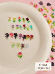 100pcs/Bag Resin Mini Colorful Roses, Aurora Flowers Valentine's Day Spring Flowers, Random Color DIY 3D Bouquet Mini Nail Art Decor, Nail Art Supplies - Multicolor - View 11