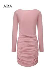 ARA CHIC Women's Sweetheart Neckline Long Sleeve Fitted Mini Dress, Side Ruched Slim Fit, Autumn Party Nightclub Dress - Pink - View 9