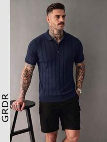 GRDR Men's Casual Fashion Knit Polo Shirt - Minimalist Versatile Collared Short Sleeve - Navy Blue - View 1
