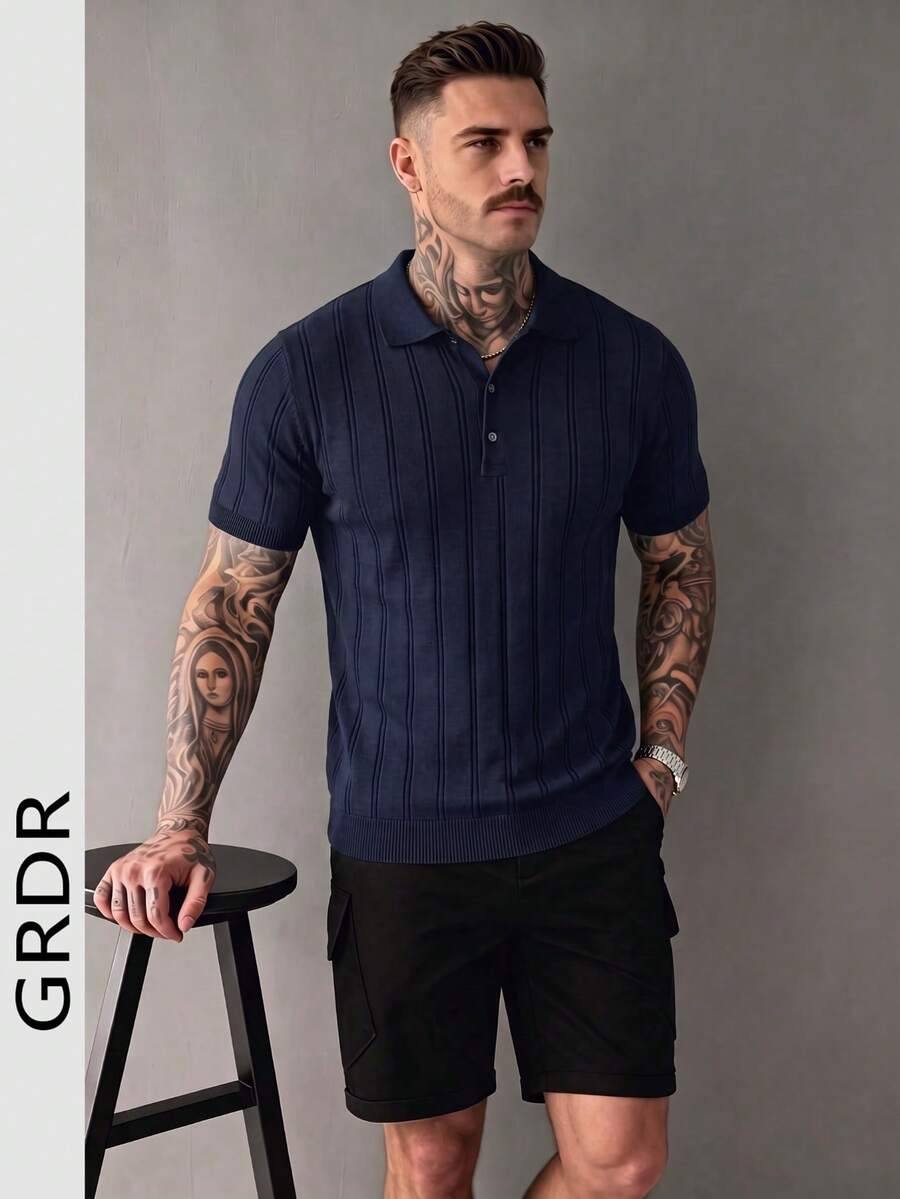 GRDR Men's Casual Fashion Knit Polo Shirt - Minimalist Versatile Collared Short Sleeve - Navy Blue - View 1