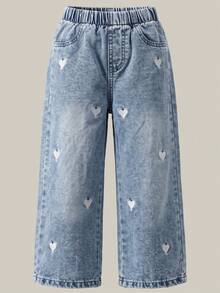 Young Girls Y2K Style Autumn/Winter Heart Embroidery Straight Leg Jeans With Back Pocket Bow Print, Versatile Casual Vintage Wide Leg Pants For Back To School And Daily Wear - Light Wash - View 5