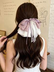 1pc Multi-Layer Purple Floral Chiffon Bow Ponytail Hair Clip With Flowing Ribbon, Sweet And Elegant Fashion Hair Accessory For Women - Multicolor - View 7