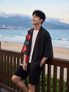 Vintage Peony Print Kimono Cardigan Men's Summer Lightweight Loose Casual Jacket - Black - View 2