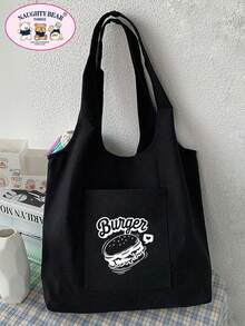 Fashionable Minimalist Versatile Cartoon Print Canvas Bag - Black - View 5