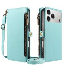 1pc Flip Cover Protective Case Compatible With Apple 17 Pro Max, Multi-Function Card Slot, Crossbody Strap, Hand Rope, Fashion Wallet Style, Artificial Leather, Series, Shopping, Travel, Phone Protective Shell - Mint Blue - View 9