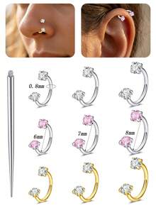 Nose Rings Horseshoe Nose Piercing Jewelry,Stainless Steel Nose Hoops 20 Gauge Nose Screw Cartilage Tragus Helix Daith Earrings Lip Rings Jewelry - Round Zirconium - View 3