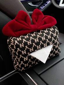 1pc Car Tissue Box, Jacquard Multifunctional Hanging Drawer Box, Car Armrest Box Bowknot Tissue Holder - A - View 2