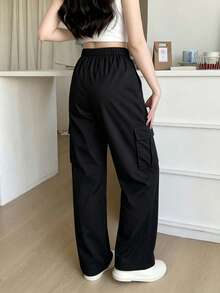 1 buah Celana Kargo Retro Minimalis untuk Remaja Perempuan, Cocok untuk Musim Kembali ke Sekolah, dengan Kantong Besar - Hitam - View 2