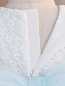 Baby Girls Square Neck Lace Embroidered Tulle Cute 1st Birthday Dress Suitable For Wedding Party, Fabric Pattern Randomly Cut, Headband Not Included - White - View 8