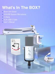 FIFINE AM8T USB/XLR 麦克风套装，带悬臂支架，动圈心形指向电容麦克风，适用于电脑，带可控 RGB 灯光、耳机插孔、静音按钮，适合游戏、直播、录音 - 白色麦克风套装 - 白色 - 查看 10