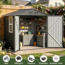 Light Grey Metal Outdoor Storage Shed, Windowed Garden Tool Organizer Container, Lockable Backyard Equipment Holder, Ventilated Weather Resistant Patio Utility Workshop, Lawn Supply Storage - Light Grey - View 6