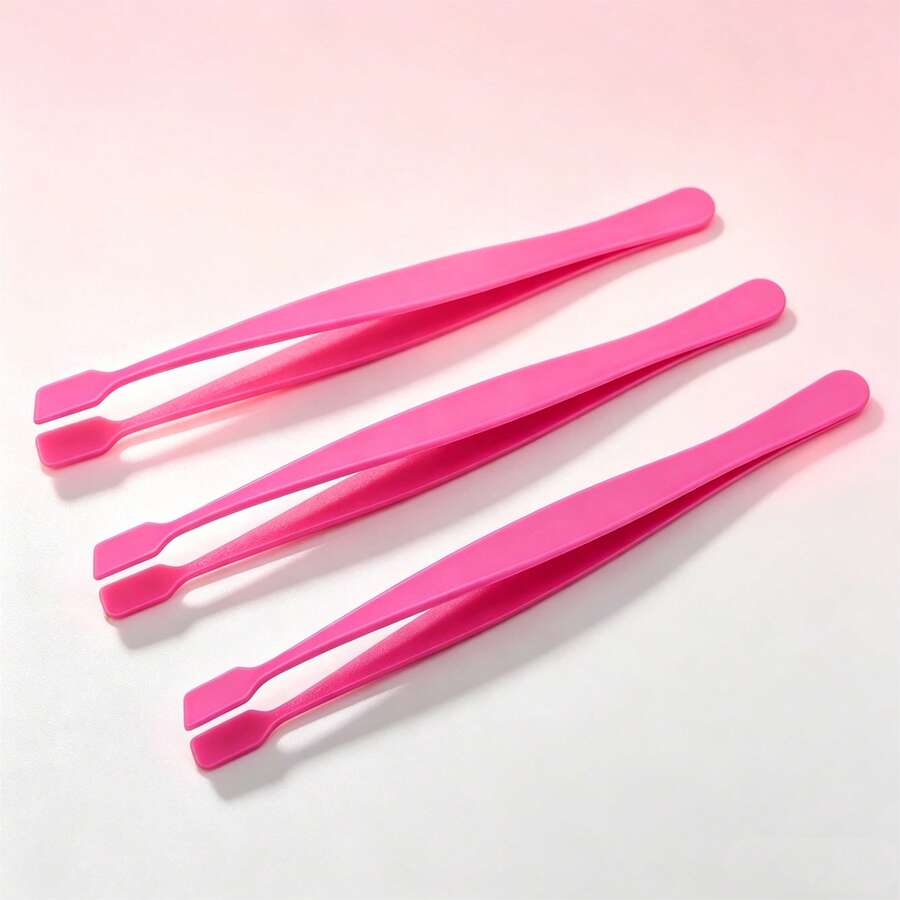 3pcs Pink Plastic Flat Head Tweezers, Portable Makeup Clips, DIY Eyelash & Eyelid Application Beauty Tools