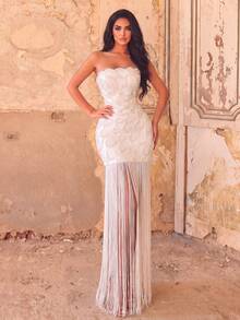 Faeriesty Elegant Women's White Strapless Sequin Fringe Long Formal Gown, Charming Sleeveless Fitted Evening And Special Occasion Maxi Dress Wedding Party Fall - White - View 1