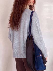 Jaket Kardigan Sweater Leher Bulat Gaya Minimalis Kasual Wanita dengan Resleting Ganda, Musim Gugur/Musim Dingin - abu-biru - View 2