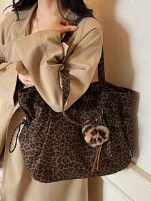 Nicekee Retro Popular Leopard Print Large Capacity Tote Bag, Niche Design Multi Pocket Shoulder Bag, Exquisite Heart-Shaped Pendant,Suitable Commuting - Multicolor - View 5