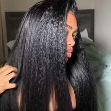 Smilegirl V-Part Wig Kinky Straight 180% 200% Density Human Hair Wigs Yaki Straight Glueless Wigs Human Hair Brazilian Remy Hair Fully Machine Optimized No Leave Out No Sewing In For Beginners Friendly Women - Natural Black - View 7