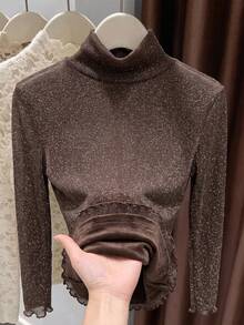 Shiny Mesh High Neck Fleece Lined Slim Fit Long Sleeve Top - Brown - View 6