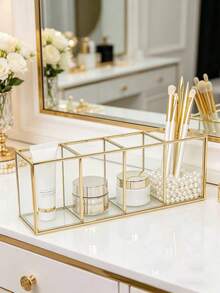 Makeup Brush Holder 3/4 Compartment Glass And Brass Cosmetic Storage 19.5*7*9cm Vintage Makeup Storage Box - Clear - View 8