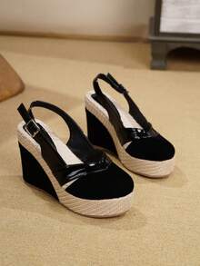 Bohemian Hollow Out Vacation Black Suede Wedge Heel Thick Sole Closed Toe Single Strap High Heel Shoes For All Seasons - Black - View 6