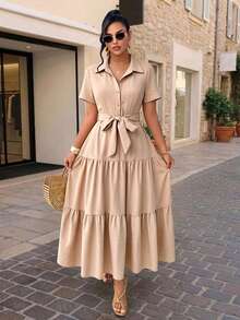 AIJ Women's Autumn Lapel Collar Shirt Dress, Short Sleeve Front Button ...