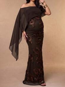 Brown Off-Shoulder Maternity Dress: Low Elasticity Floral Embroidered Mermaid Long Dress With Shawl, Suitable For Weddings, Banquets And Cocktail Parties - Coffee Brown - View 4