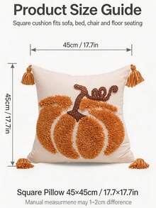 1pc Halloween Brown Pumpkin Pattern Square Pillow Case, Bohemian Chenille With Tufted Craft, Four-Corner Tassel Decoration, Country Pastoral Style, Suitable For Autumn Living Room, Bedroom, Sofa, Windowsill, Leisure Gathering, Etc., No Filling Included, 45*45cm - Multicolor - View 13