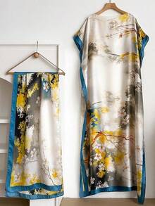 1pc Imitation Silk Floral Print Robe Set Women's Summer Beach Sun Protection Pullover Shawl + Satin Scarf Set - White - View 2