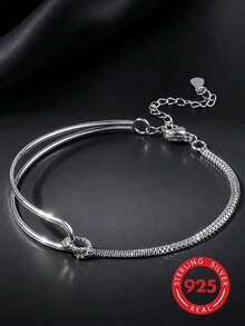 1pc 925 Sterling Silver Women's Double Layer Chain Bracelet, Minimalist Snake Chain With Delicate Thin Chain Design, Adjustable Length, Hypoallergenic Low-Allergy Silver Jewelry, Minimalist Luxury Style Daily Versatile Bracelet, Valentine's Day Birthday Holiday Gift - Silver - View 6