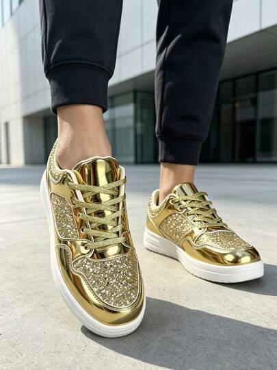 2026 New Couple's Glossy Rhinestone Casual Sneakers, Patchwork Glitter Decor Lace-Up Low-Top, Thick Sole White Shoes Lightweight Non-Slip, Versatile For Daily Commute Street Party, Sports Shoes For Young Men And Women