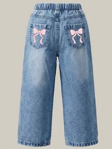 Young Girls Y2K Style Autumn/Winter Heart Embroidery Straight Leg Jeans With Back Pocket Bow Print, Versatile Casual Vintage Wide Leg Pants For Back To School And Daily Wear - Light Wash - View 6