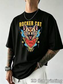Camiseta de manga corta holgada para hombre con estampado gráfico de gato rockero vintage, cuello redondo, de algodón transpirable, ajuste suelto casual para uso diario, verano y actividades al aire libre - Negro - Ver 1