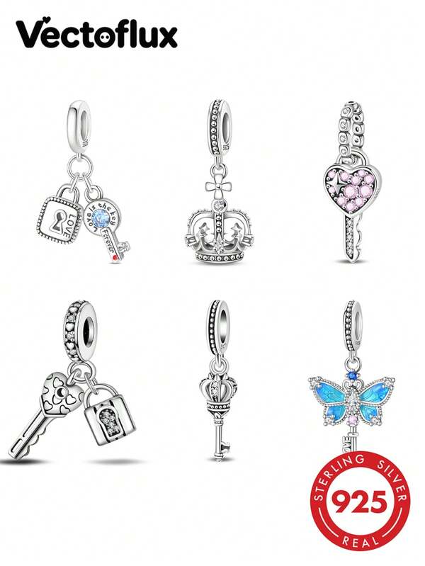 1pc Vintage Baroque Style S925 Sterling Silver Hypoallergenic Glory Crown Heart Lock Dream Key Pendant, Suitable For Original Bracelet, Women's DIY Jewelry Making, Birthday Gift