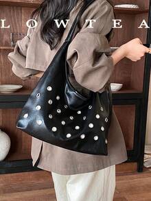 Low Tea 1pc Solid Color PU Leather Portable Magnetic Closure Women's Tote Bag With Metal Eyelet Decor Hobo Vegan Leather Top Handle Shoulder Bag And Handbag For Travel, Shopping, Dating, Women's Gift, Work, Business, Commuting - Black - View 6