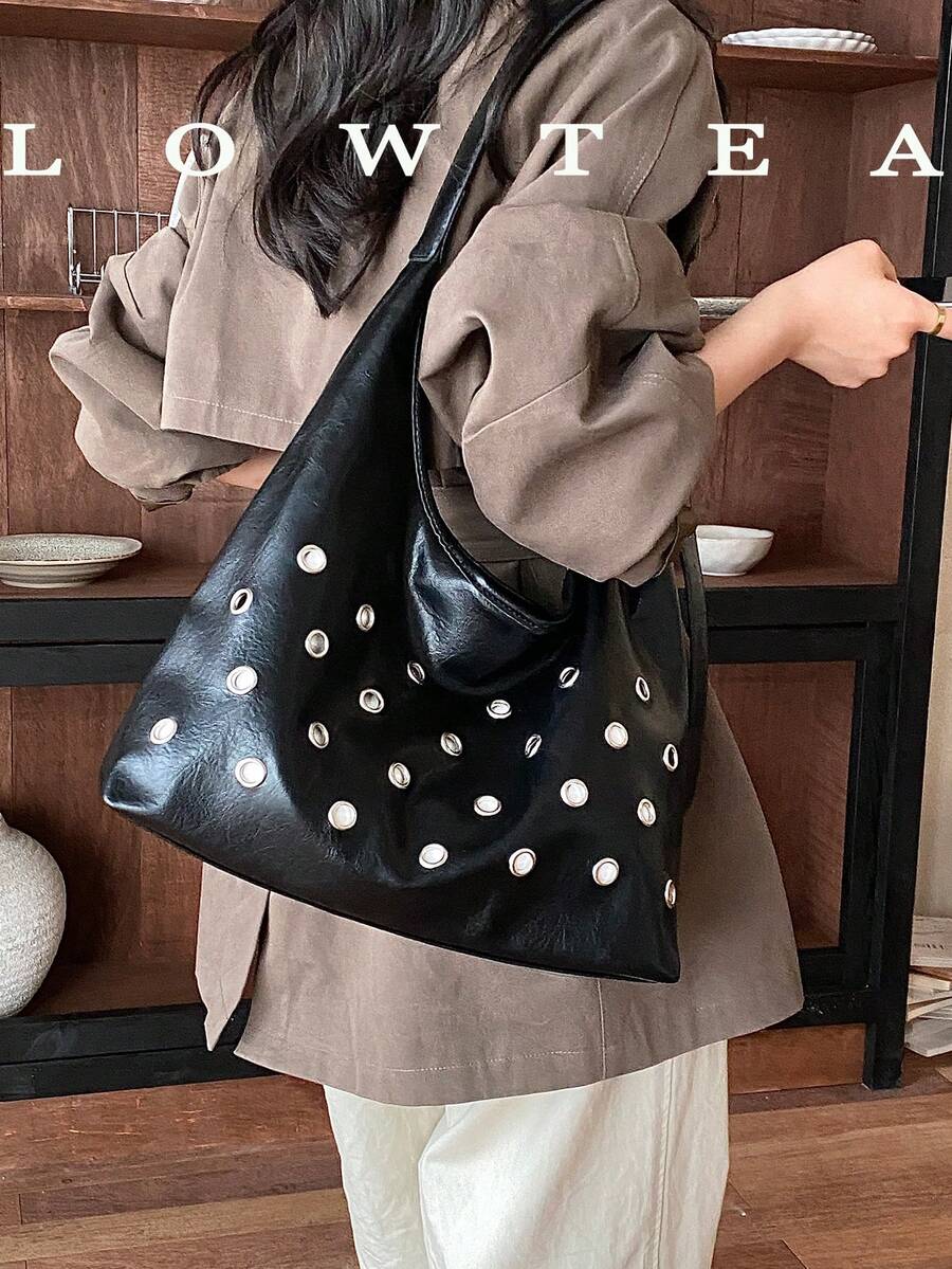 Low Tea 1pc Solid Color PU Leather Portable Magnetic Closure Women's Tote Bag With Metal Eyelet Decor Hobo Vegan Leather Top Handle Shoulder Bag And Handbag For Travel, Shopping, Dating, Women's Gift, Work, Business, Commuting