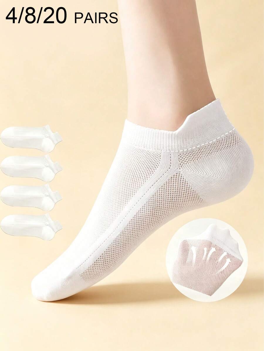 1/4/5/8/10/20 Pairs Breathable Mesh Invisible Ankle Socks, Unisex Solid Color Ultra-Thin Low-Cut Short Socks For Summer, Non-Slip Anti-Slip Comfortable Compression Socks, Solid Color Ice Silk Sports Fitness Socks, Unisex Air Conditioning Socks, With Soft Non-Slip Elastic Fixing Band Design, Perfect For Daily Wear And Outdoor Activities - White - View 1