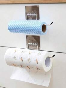 2 Sets (2 Brackets, 2 Adhesive Hooks) Easy-To-Install Stainless Steel Towel Racks - Self-Adhesive Wall-Mounted Paper Towel Holders, Kitchen Paper Roll Racks, Bathroom Toilet Paper Storage Racks, Towel Racks, Suitable For Kitchen And Bathroom Storage - A - View 6