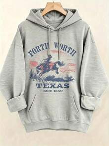Women's Western Style Fort WorthTexasEST1849CowboyPatternHoodieSoftCrewNeckPulloverWith Cactus And Longhorn DesignComfortableCasualLongSleeve Sweater - 淺灰色2 - 查看 1