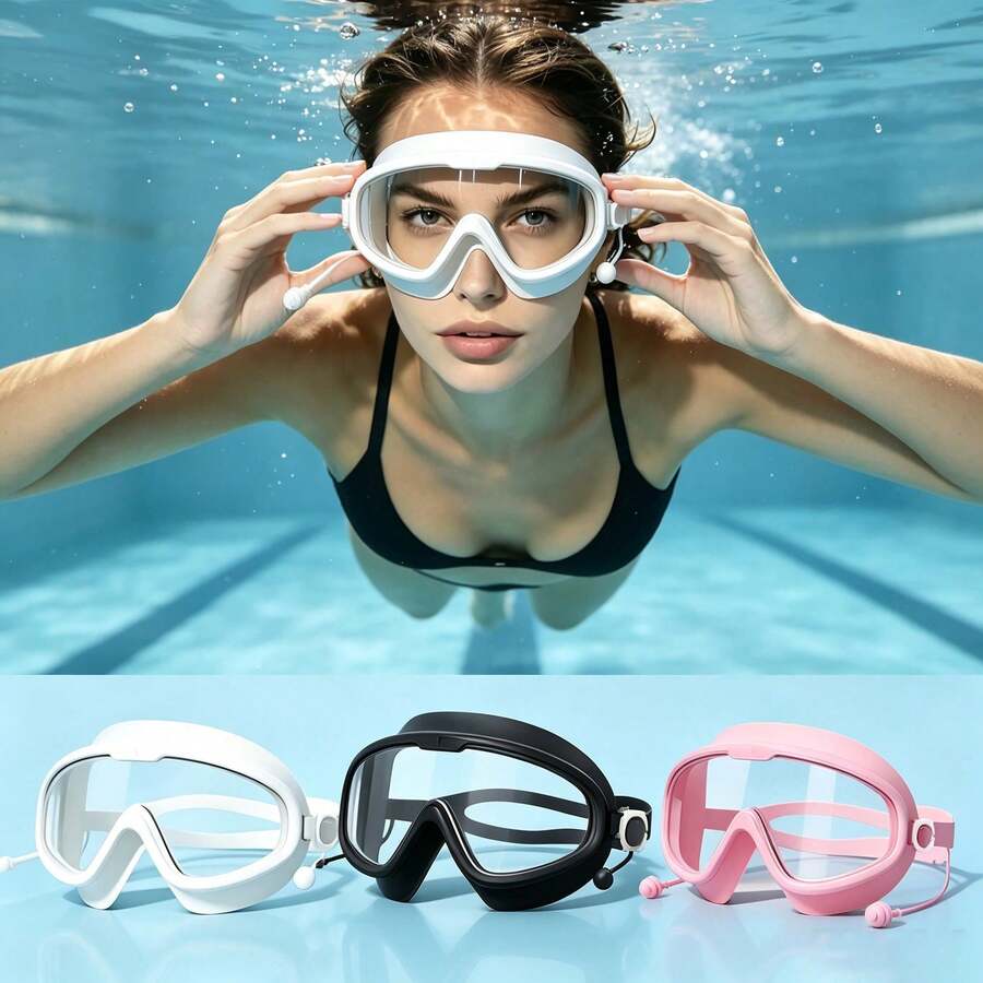 1pc Large Frame Swimming Goggles For Adults, Black & Pink Available With Integrated Earplugs. Waterproof, Anti-Fog, UV Protection And Leak-Proof Seal, Wide Clear Vision With Adjustable Strap. Durable For Pool, Open Water, Beach And All Water Sports, - Multicolor - View 1
