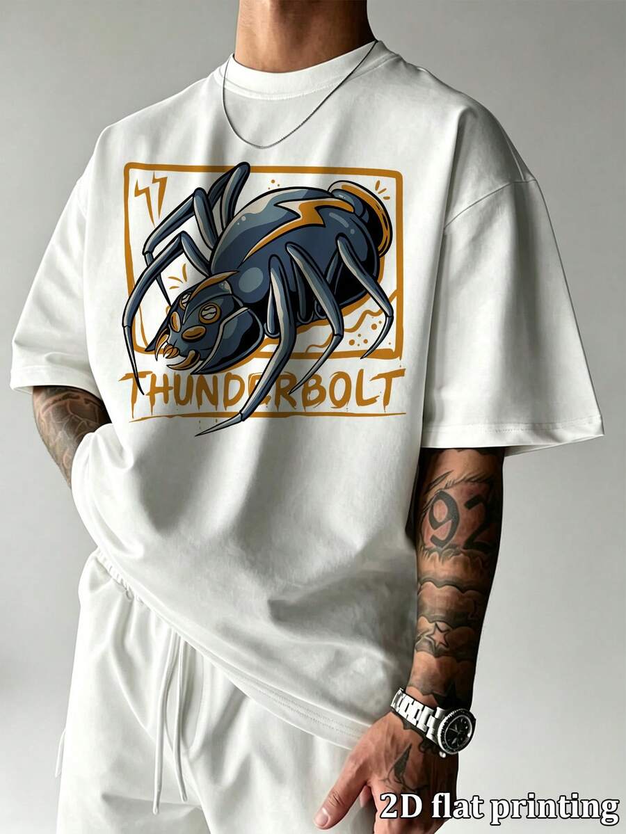 Vintage Thunderbolt Spider Graphic Print Men's Oversized Casual Short Sleeve T-Shirt, Streetstyle Loose Round Neck Breathable Cotton Tee Top For Summe - White - View 1
